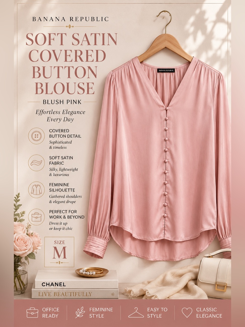Banana Republic Soft Satin Covered Button Blouse Blush Pink Size Medium